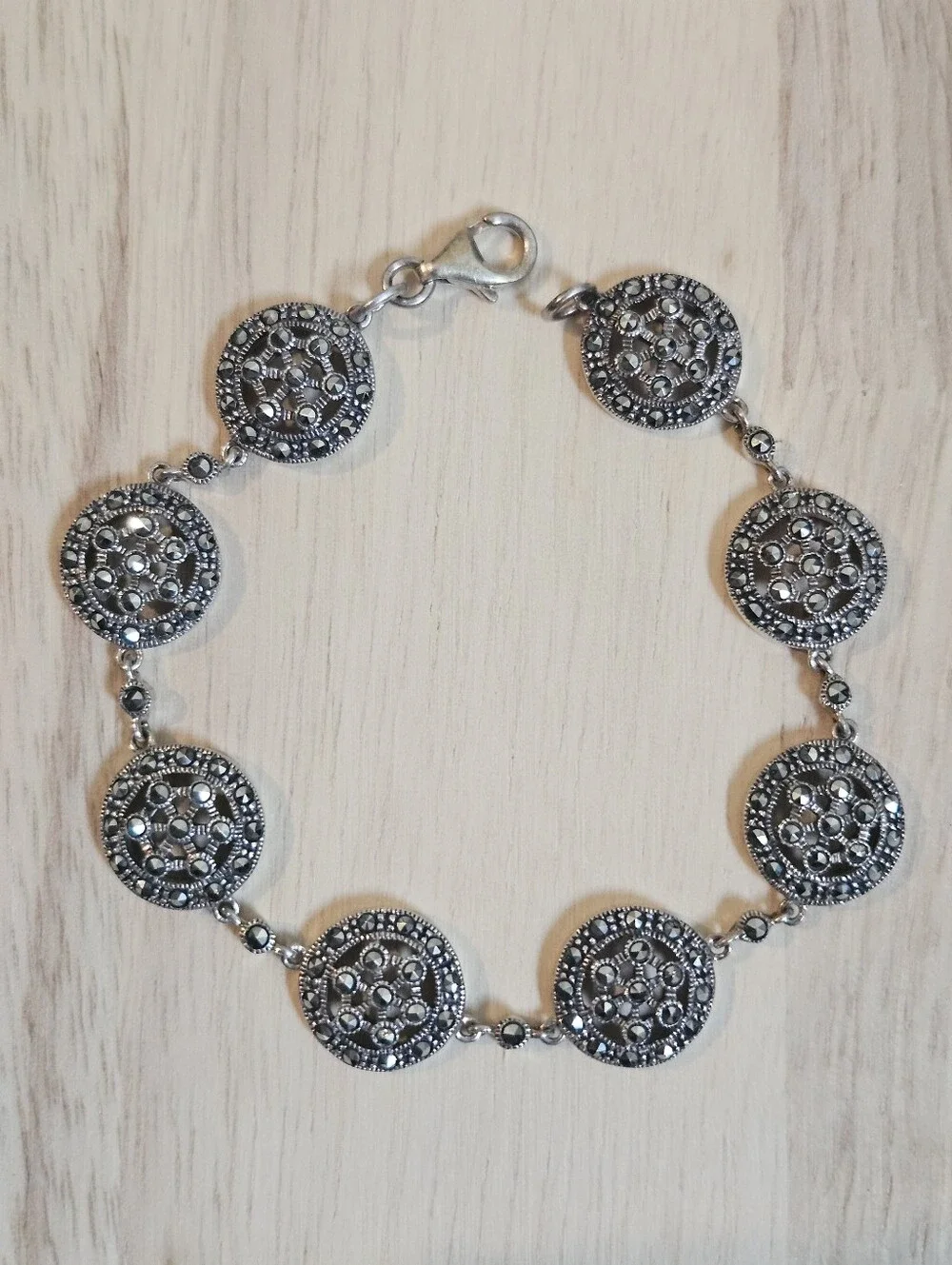 Sterling Silver Marcasite Round Open Work Vintage 925 Bracelet 7